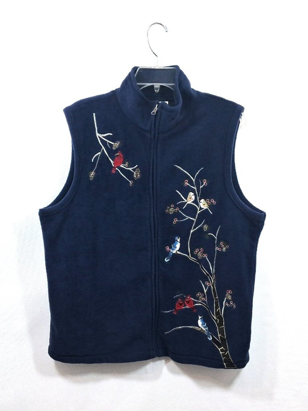 90s Fleece Zip Sweater Vest Embroidered Birds Navy Blue Fall L, Baxter & Wells
